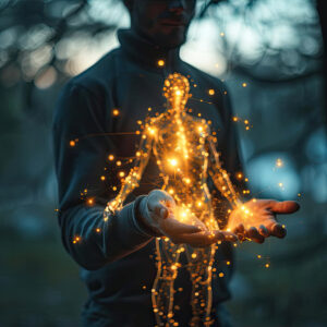 Energetisches Lichtabbild eines Menschen in den Händen – Symbol für kosmische Heilung